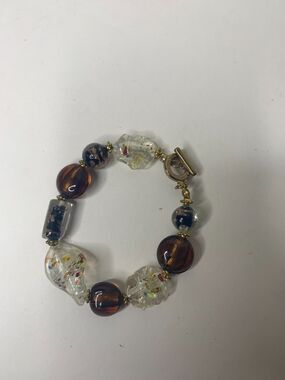 Homemade Earthtone Beads Bracelet Round Cylinder Natural Amber Toggle Clasp
